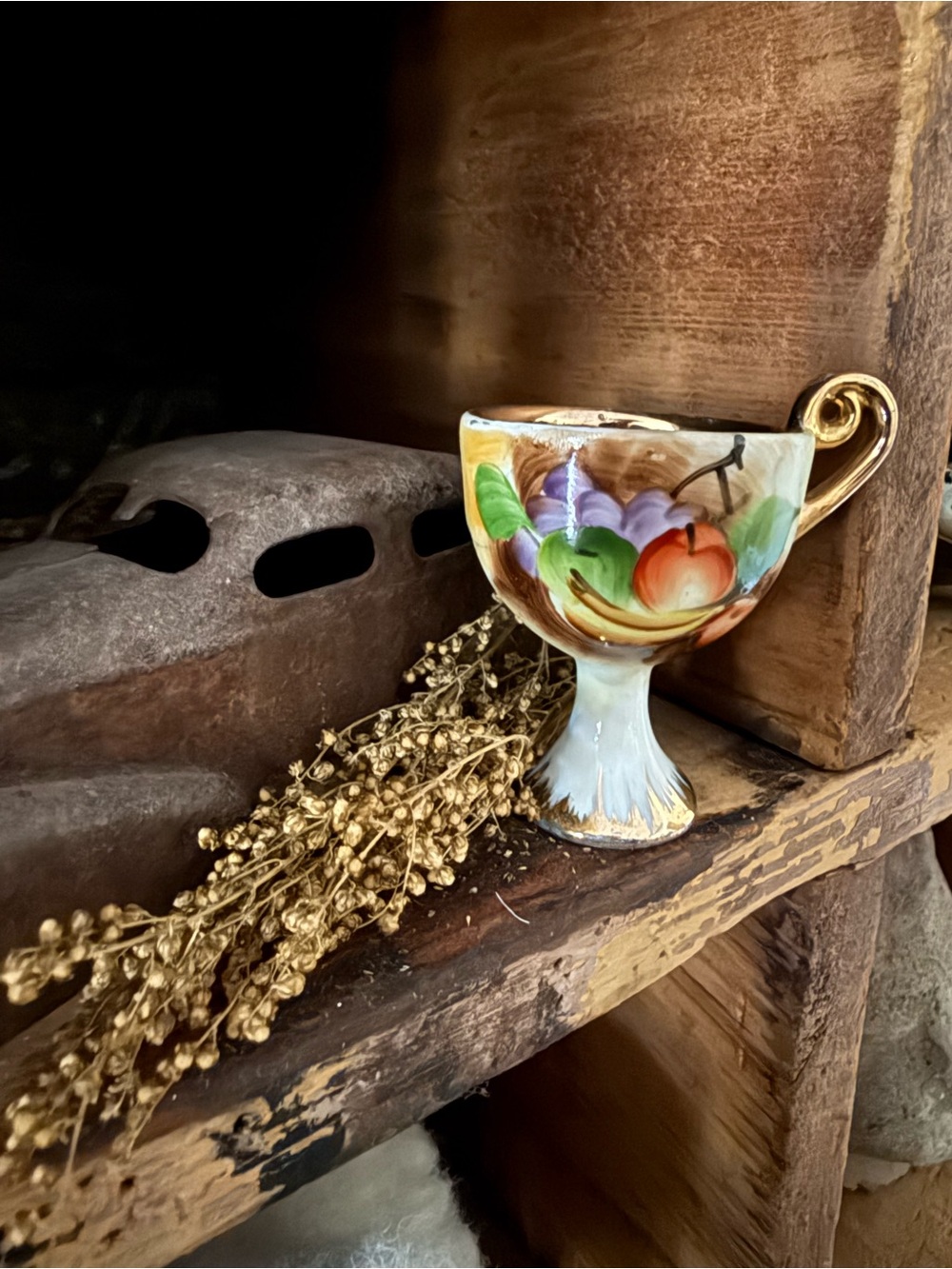 Vintage Miniature Hand-Painted Fruit Motif Ceramic Compote in Multi-Color
